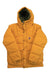 Hooded puffer jacket in mustard yellow, quilted, zip-front with hood and snap pockets.