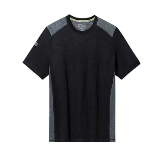 The Smartwool Mens Active Ultralite Tech Tee is a short-sleeve athletic t-shirt featuring a black body with dark gray shoulder and side panels, shown against a white background.