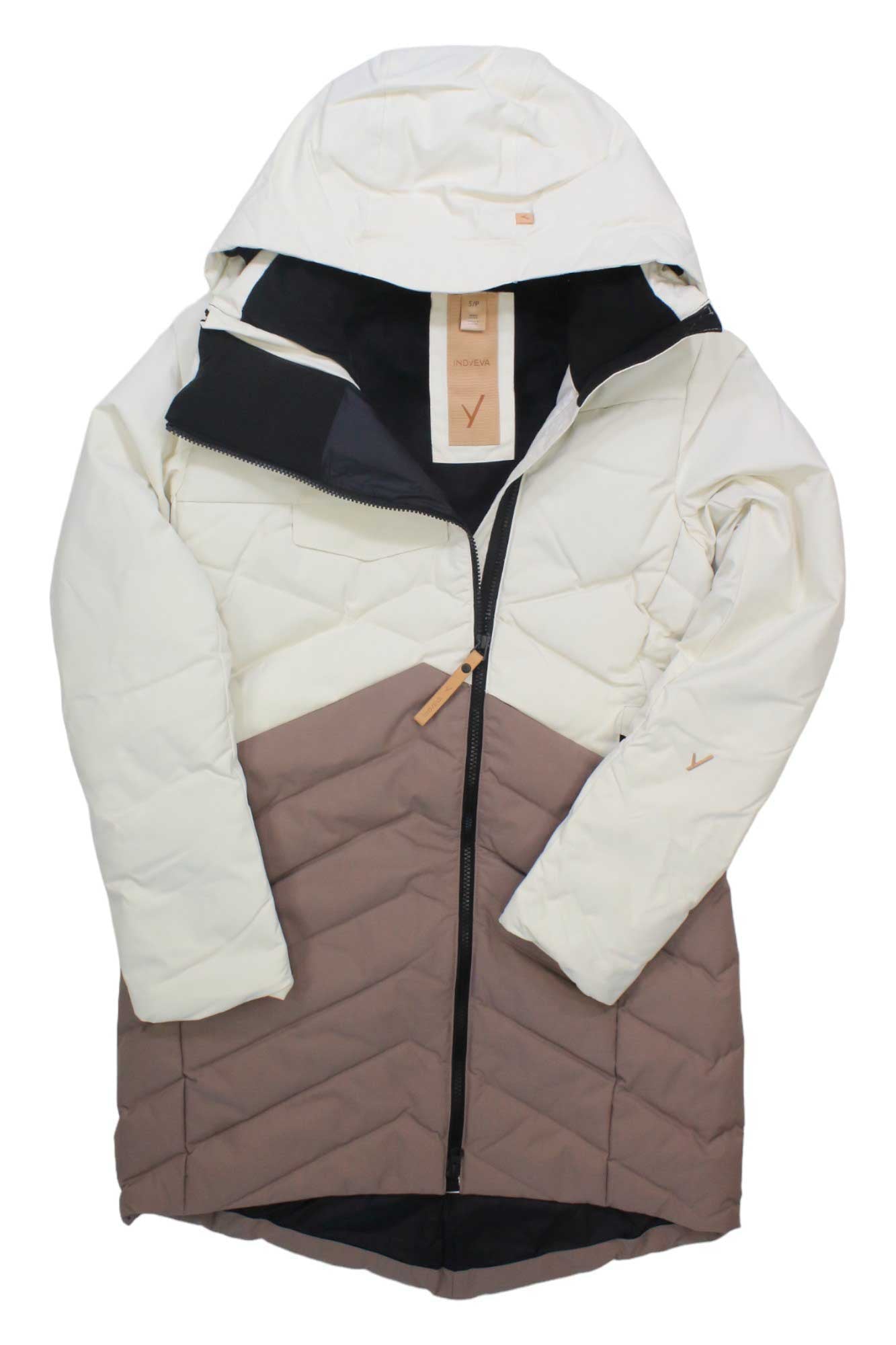 The Indyeva Women's Ayaba II Jacket is a long, hooded down coat with a white and taupe color block design, front zipper, water-resistant fabric, and a small brown tag.