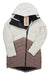 The Indyeva Women's Ayaba II Jacket is a long, hooded down coat with a white and taupe color block design, front zipper, water-resistant fabric, and a small brown tag.