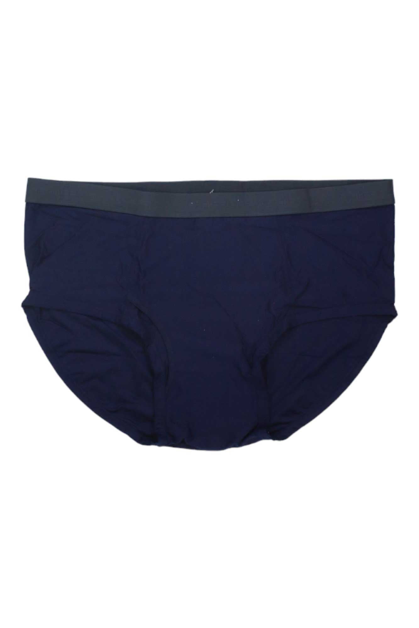 The ExOfficio Men's Give-N-Go 2.0 Brief in plain dark blue, with a matching waistband and quick-drying fabric, is shown laid flat on a white background.