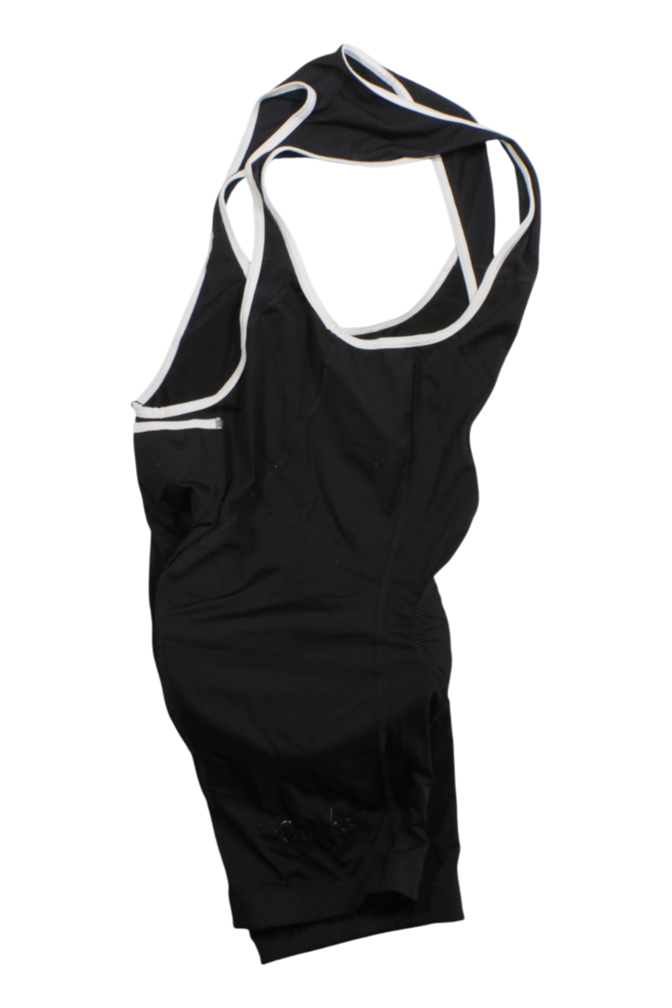 A pair of Rapha Classic Bib Shorts II in black with white trim, laid flat on a plain white background—made from recycled materials for comfortable road cycling.