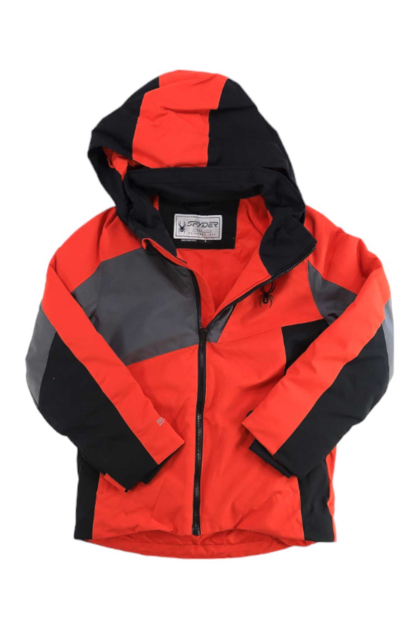 The Spyder Boys Ambush Jacket in red, black, and gray features PrimaLoft Black Eco insulation, a front zipper, hood, and Spyder logo on the chest, shown against a white background.
