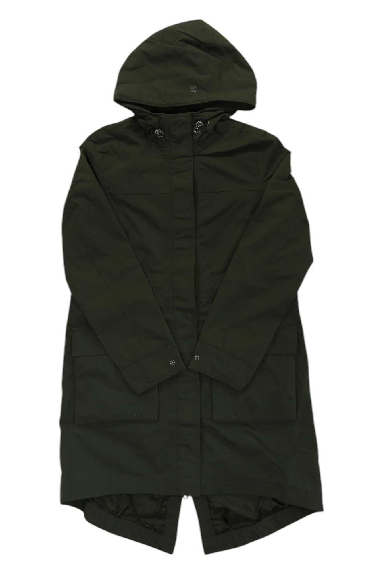 The Sweaty Betty Womens Stride Waterproof Parka is a long, dark green coat with front snap buttons, large front pockets, and an extended back hem, shown laying flat on a white background.