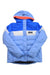 The Helly Hansen Juniors Diamond Jacket is a blue and light blue girls' ski jacket with white accents, a hood, and Helly Hansen logos. It features Primaloft insulation, a front zipper, and is designed for cold weather.