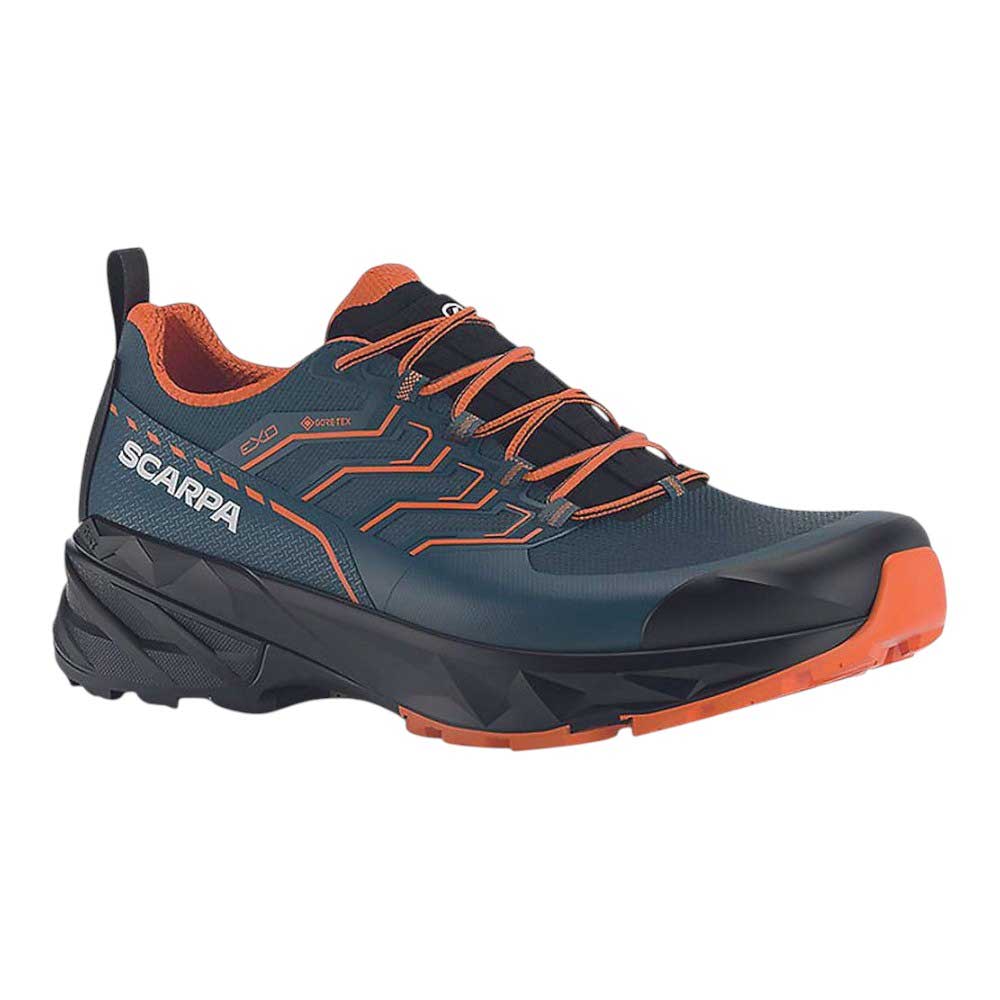 Men's GTX trail boot, blue upper with orange accents and lace-up closure