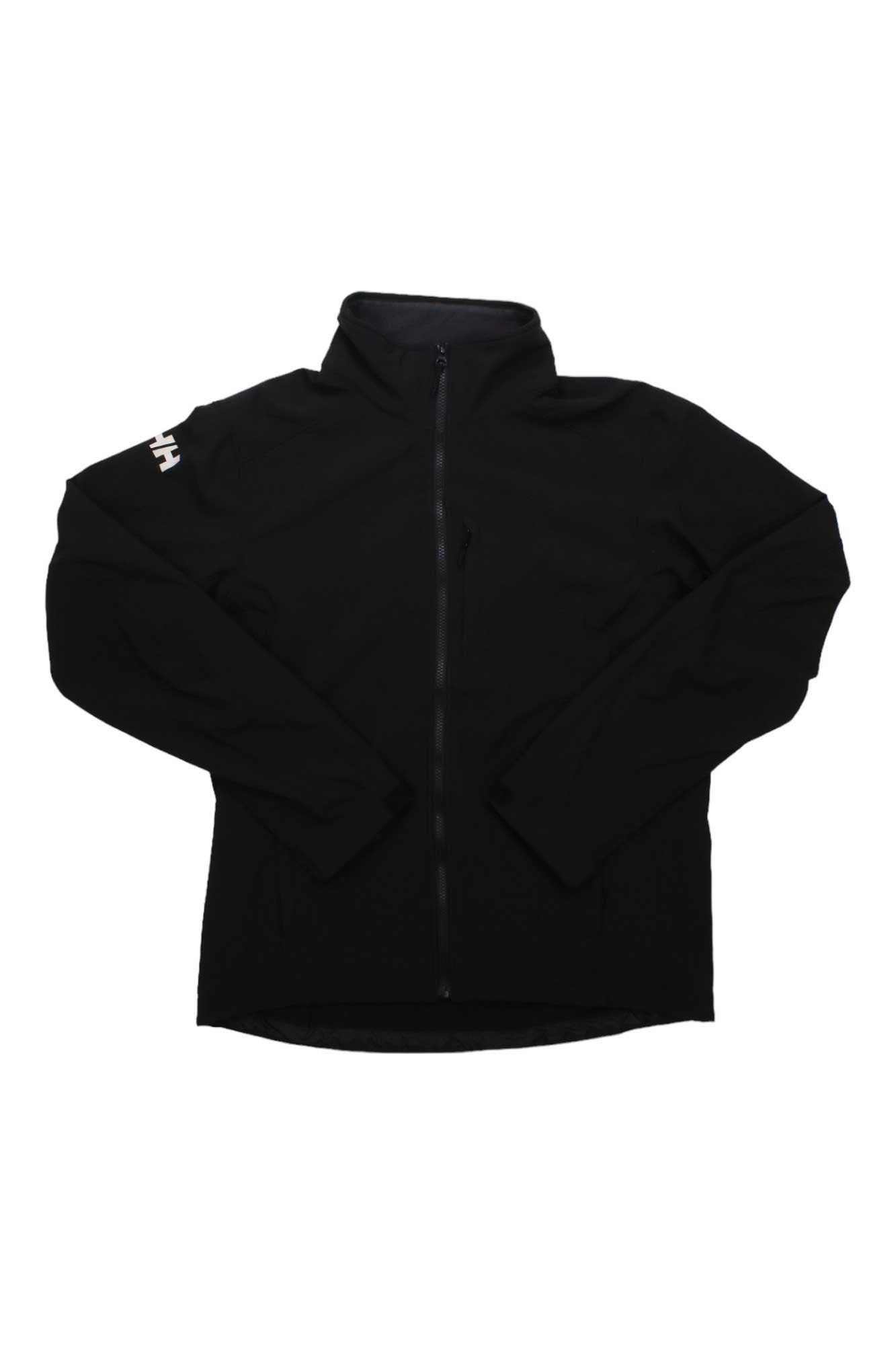 The Helly Hansen Men's Paramount Softshell Jacket is a black zip-up with long sleeves, stand-up collar, and white “HH” logo on the upper left sleeve, shown flat on a white background.