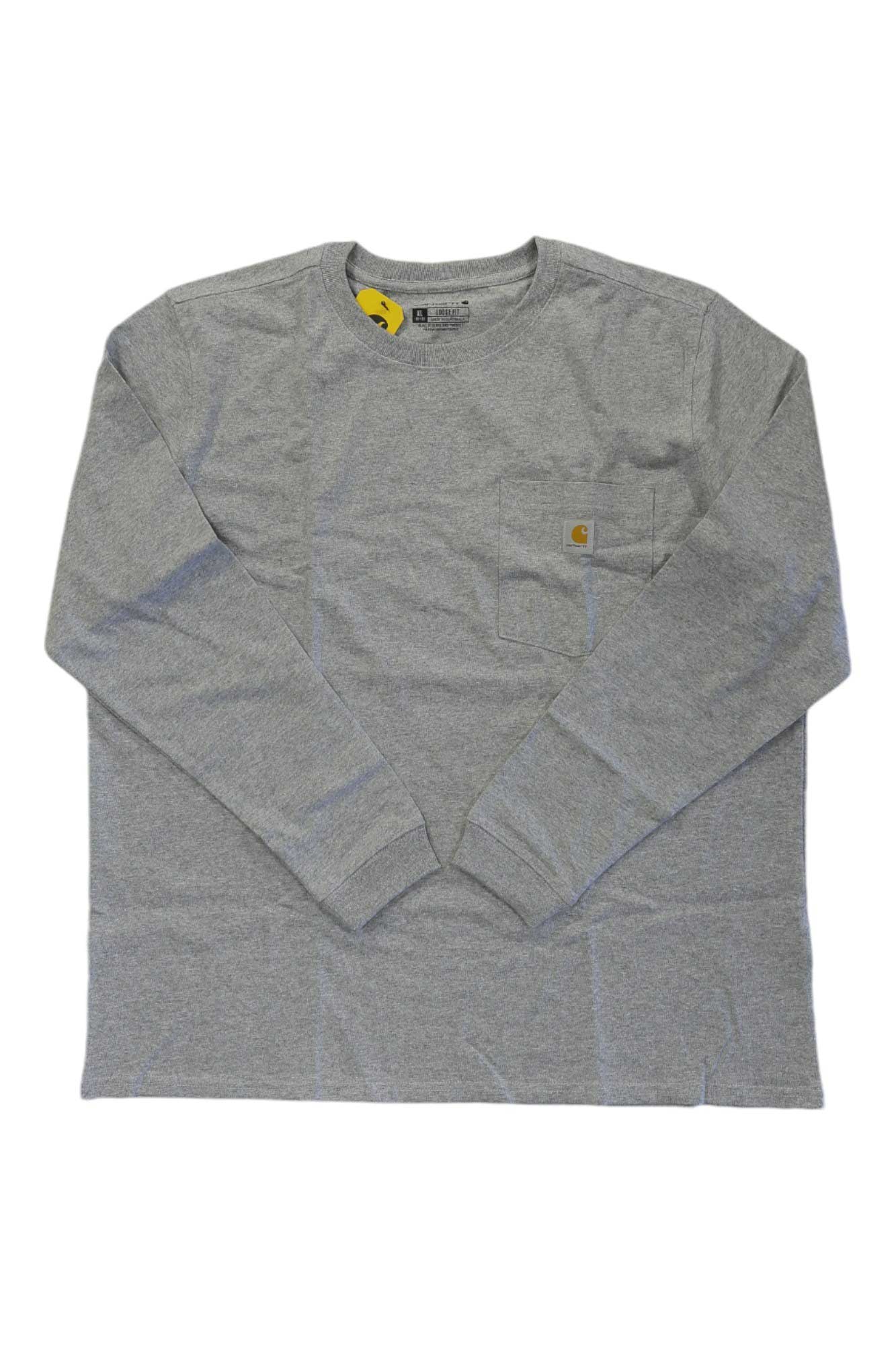 The Carhartt Womens WK126 Workwear Pocket LS T-Shirt is a gray long sleeve shirt with a left chest pocket and small Carhartt logo tag, shown flat on a white background—ideal for comfortable women’s workwear style.