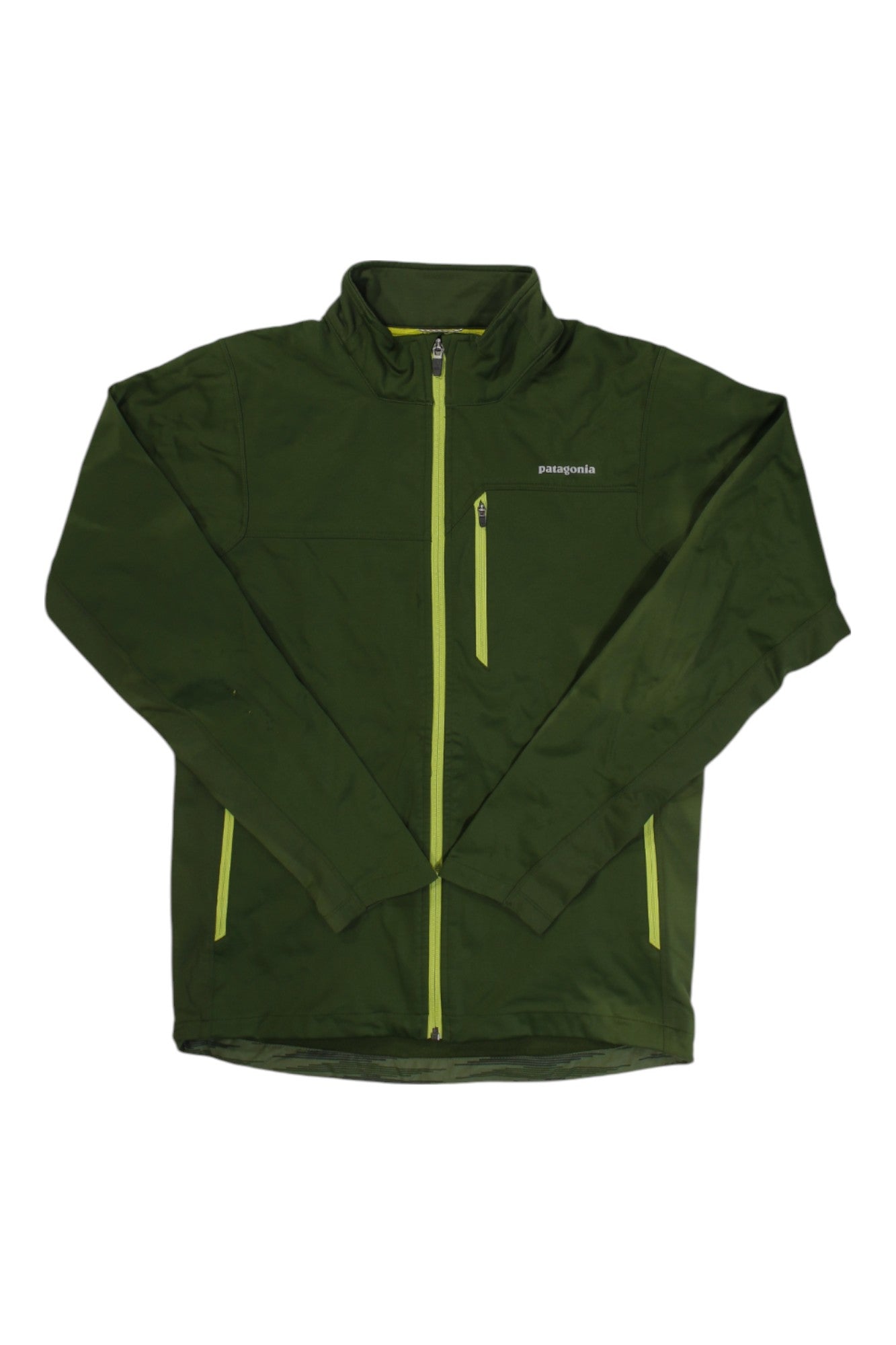 The Patagonia Men's Windshield Jacket in green features a front zipper, zippered chest pocket, and long sleeves, shown laid flat on a white background.