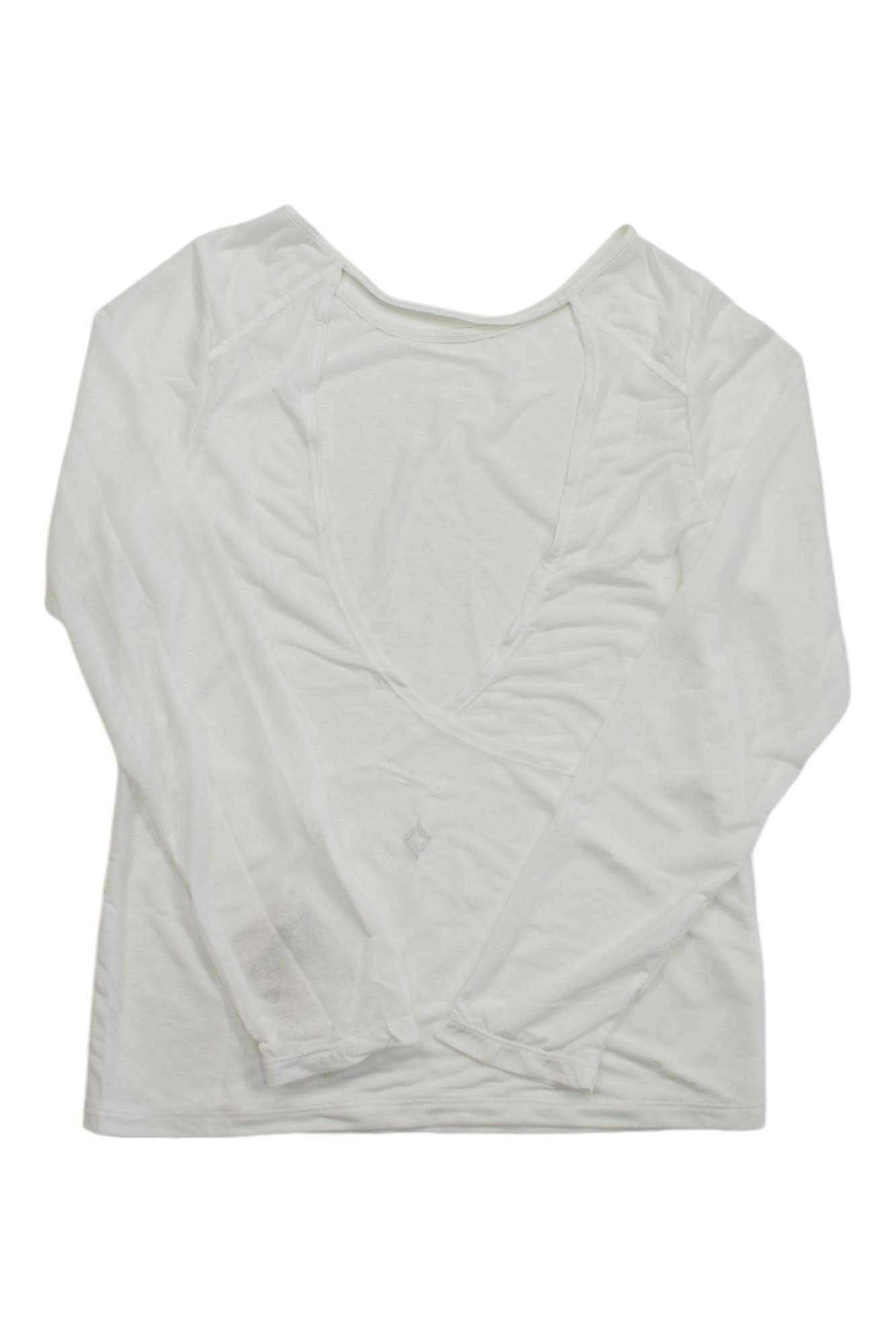 White women's long-sleeve breeze top, scoop neck with textured leaf panel detail