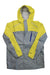 Kids color-block rain jacket, yellow and gray panels, hood, front zip, striped accents
