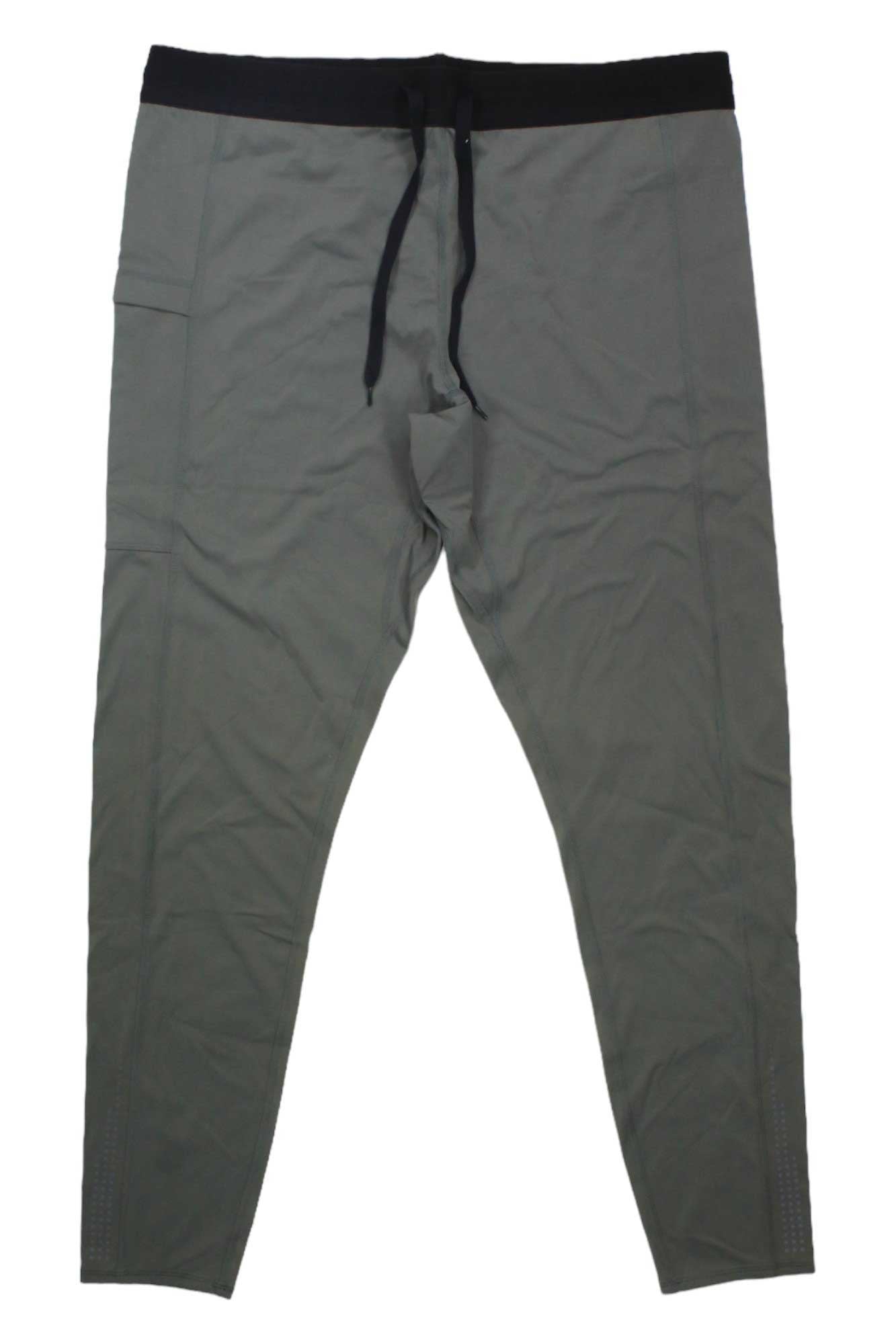 The Eddie Bauer Men’s Resonance Training Tight is a gray jogger with a black elastic waistband and drawstring, slim fit, moisture-wicking fabric, UPF 50+ protection, and a left-leg side pocket.