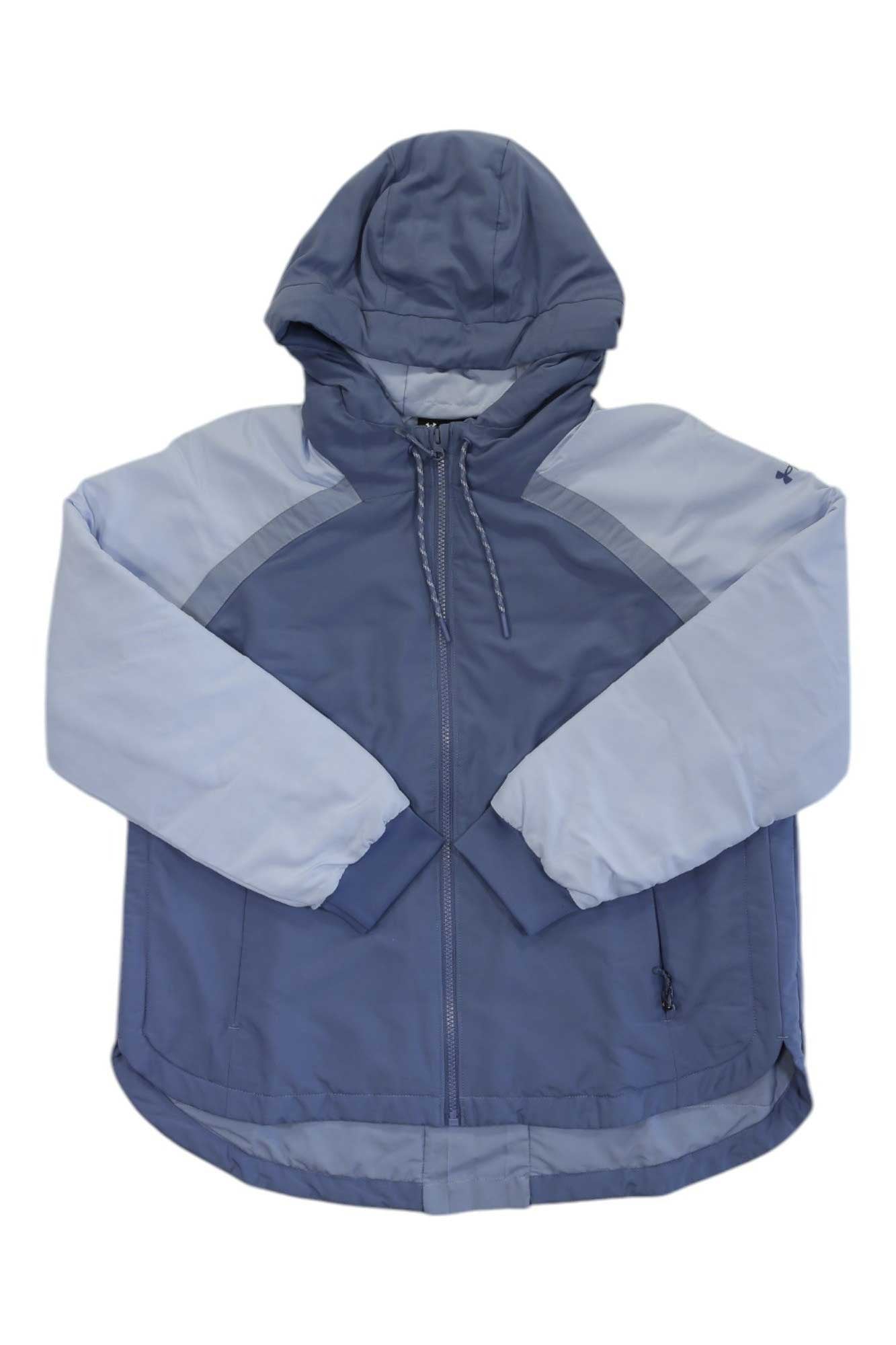 The Under Armour Womens Sky Insulate Jacket is a women's insulated jacket in light and dark blue, featuring synthetic insulation, a front zipper, hood with drawstrings, and long sleeves for lightweight comfort and casual style.