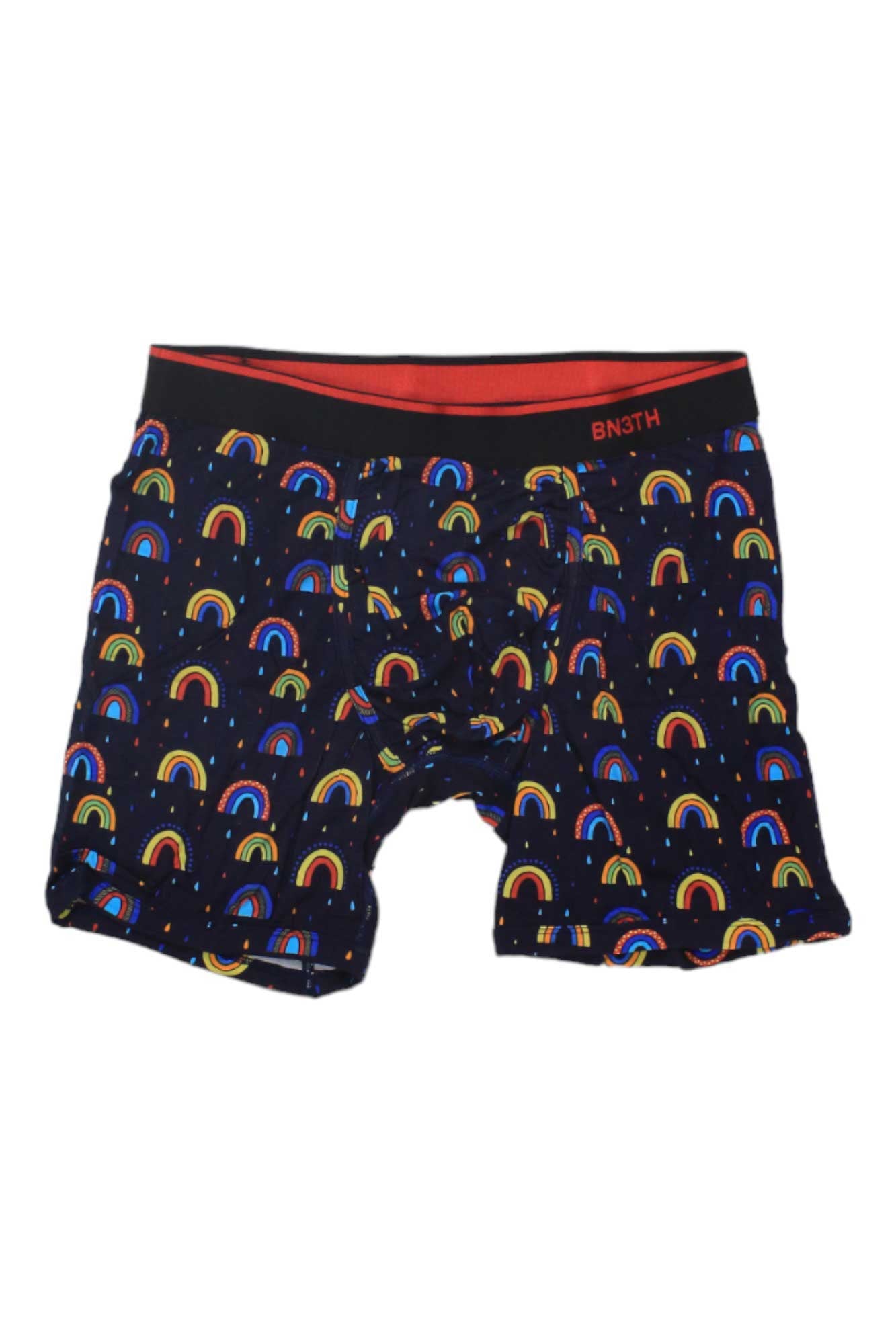 The BN3TH Mens Classic Print Boxer Brief features a navy blue design with a red waistband and colorful rainbows, made from soft modal fabric and enhanced with MyPakage Technology for all-day comfort.