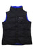 Quilted down vest with high collar, black shell and blue side panels, zip front