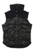 The Powderhorn Womens The Original Vest is a sleeveless, camo quilted vest with a black hood, brown front buttons, and down insulation. "POWDERSHORSE" is printed on the lower left side.