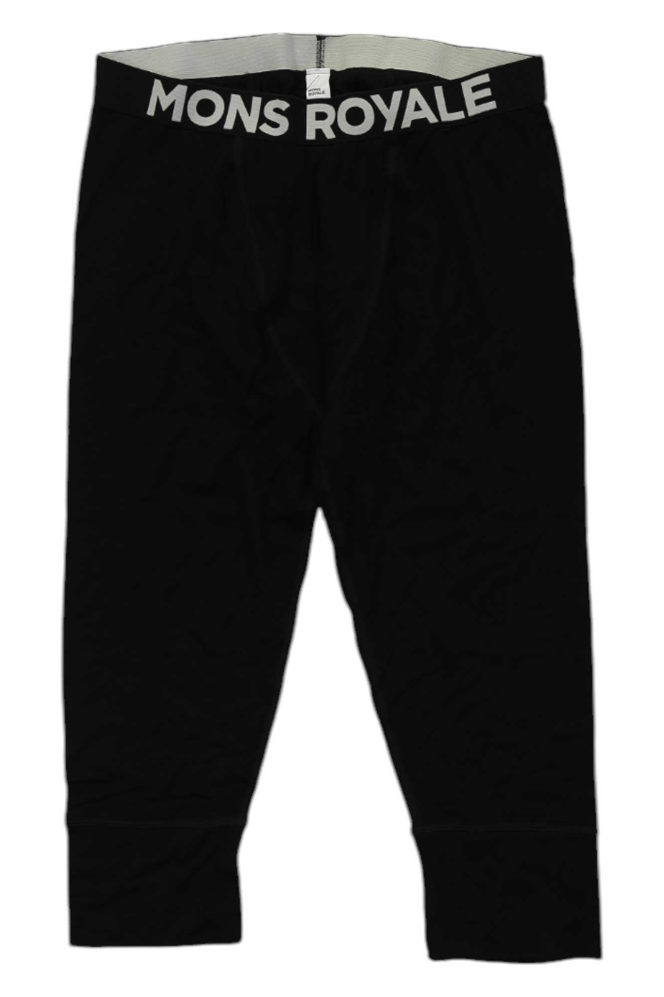 Mons Royale men's 3/4 leggings, black, elastic waistband, mid-calf length