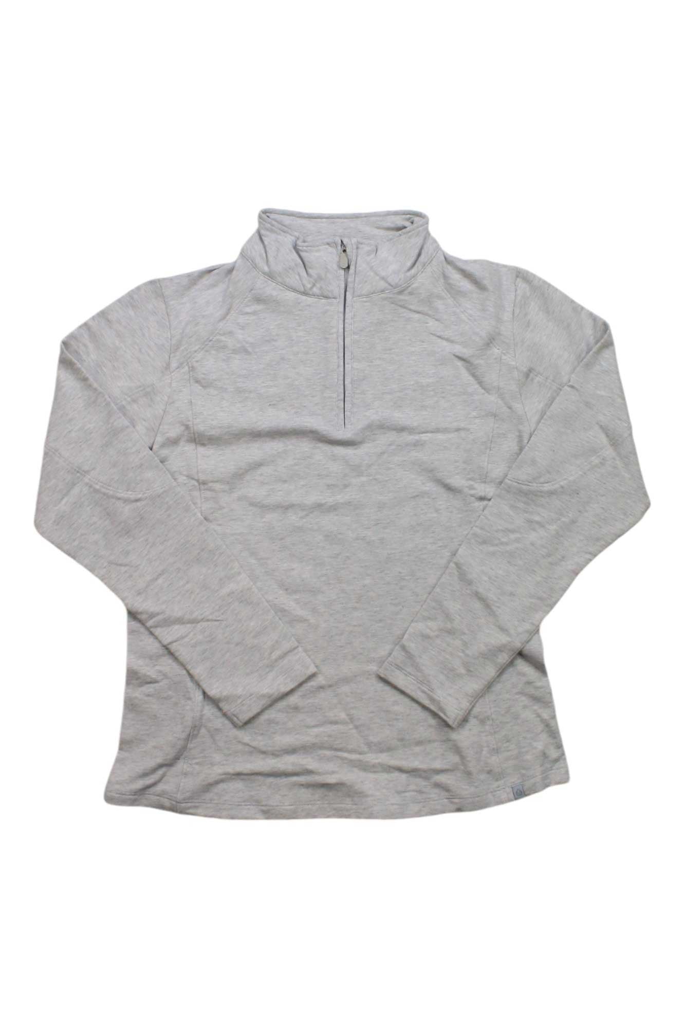 The Tasc Womens Apex Fleece 1/4 Zip Top is a light gray, long-sleeve fleece with a quarter-zip neckline, made from moisture-wicking fabric and shown laid flat on a white background.