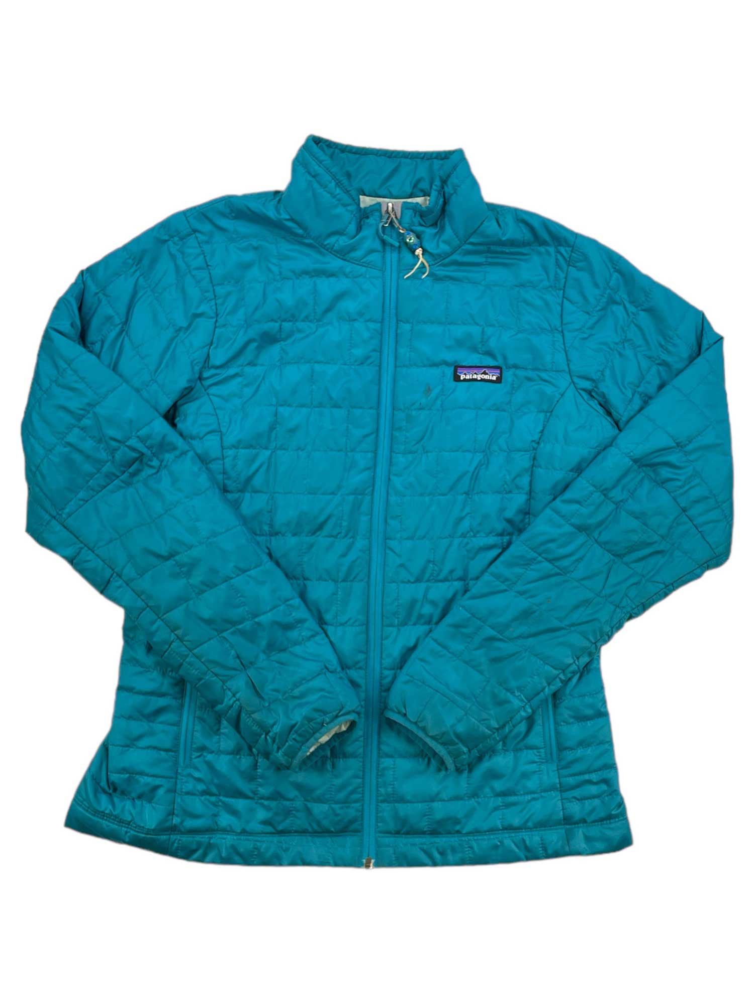 Teal insulated jacket with full-zip front, stand collar, and quilted panels