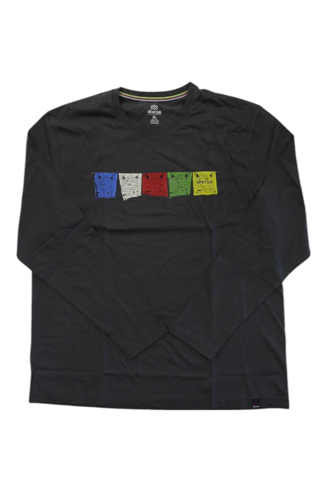 Men's black long-sleeve tee with colorful graphic stripe chest print