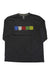 Men's black long-sleeve tee with colorful graphic stripe chest print