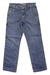 A pair of Carhartt Men's Rugged Flex Relaxed Fit Utility Jeans in blue denim, featuring front and back pockets, belt loops, and visible stitching, laid flat on a white background.