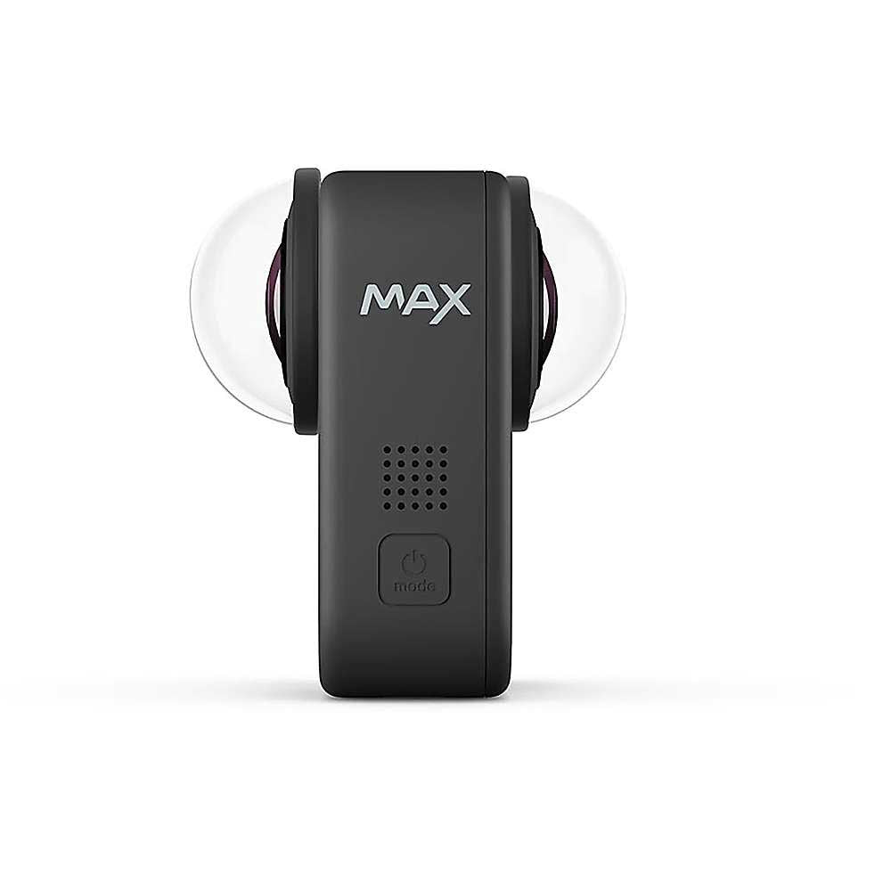 A black GoPro Max 360 action camera is shown from the back with fisheye lenses on each side, the MAX logo, and GoPro Tempered Glass Lens + Screen Protectors for added safety.