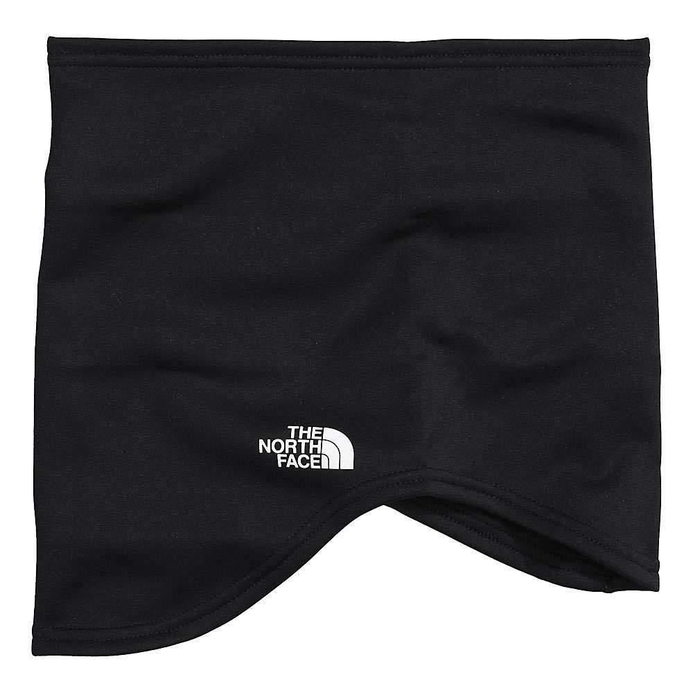 Black fleece neck gaiter with The North Face logo and curved opening