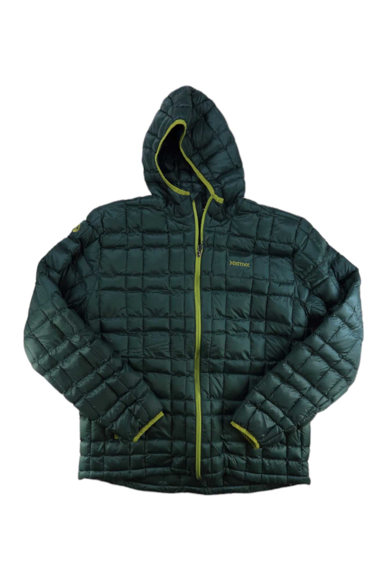 The Marmot Featherless Hoody is a dark green, weather-resistant, synthetic insulated jacket with a hood, front zipper, yellow trim, and checkered pattern. The Marmot logo appears on the left chest.