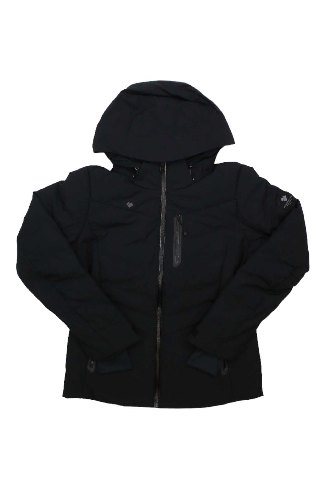 The Obermeyer Womens Cosima Down Jacket, in black, features a waterproof design, front zipper, zippered chest pocket, and long sleeves. It is shown laid flat on a white background.