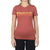 A woman wears a fitted Moosejaw Women's Retro Axel Foley SS Tee—red with "detroit" in bold yellow-orange letters—paired with black pants, standing against a white background.