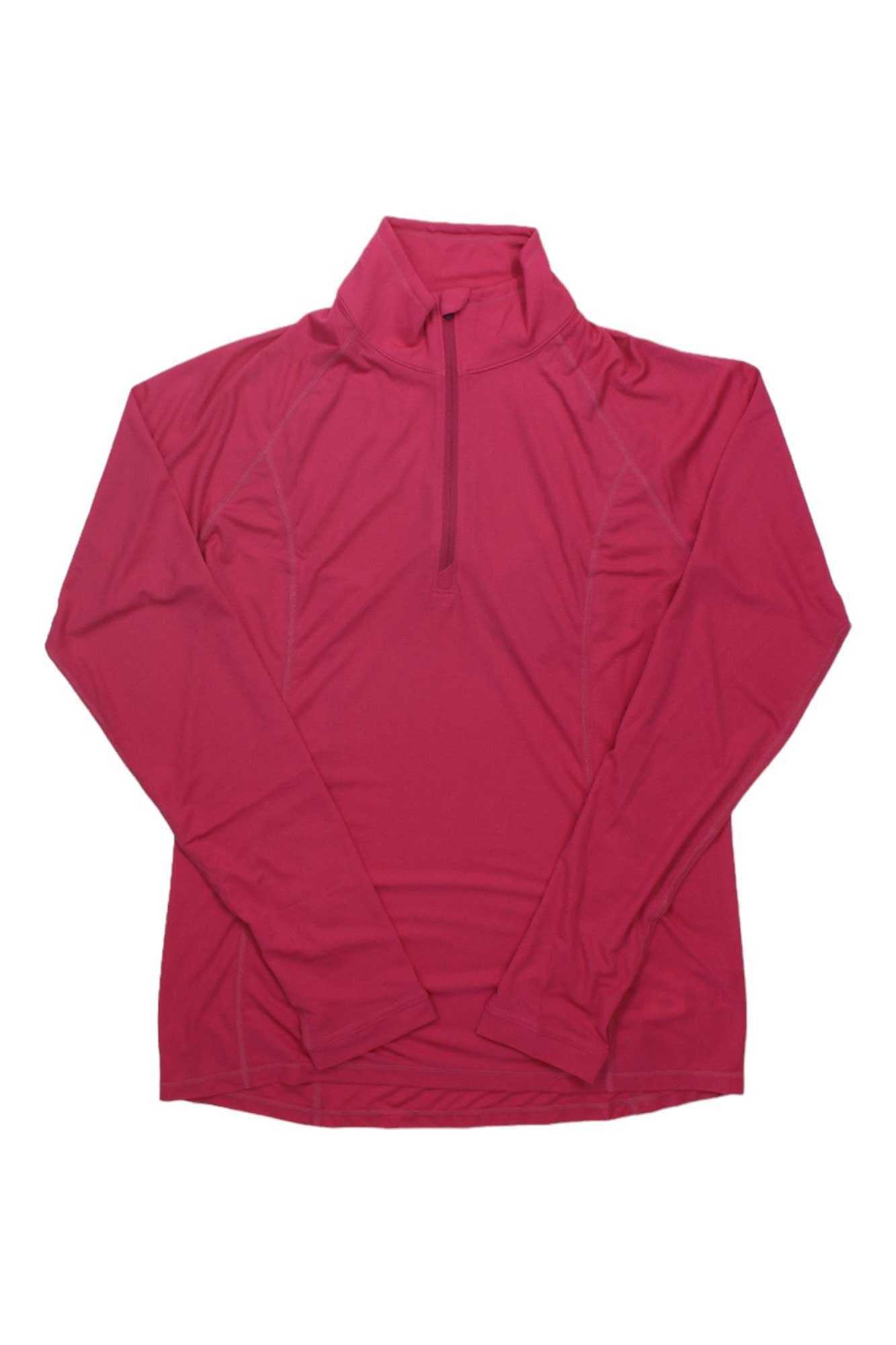 The Outdoor Research Womens Echo Quarter Zip Top is a magenta, long-sleeve hiking shirt with a mock neck, front half-zip closure, and quick-drying fabric, displayed flat on a white background.