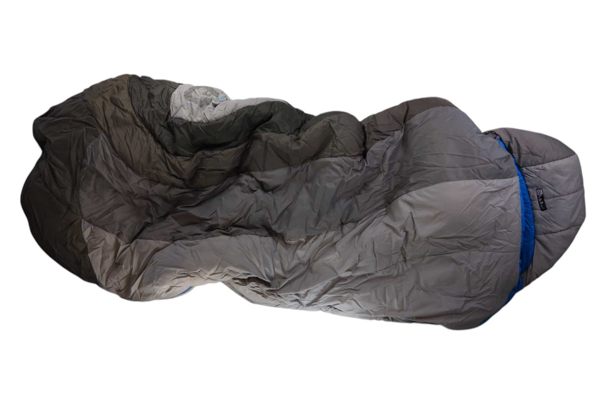 Sleeping bag with dark outer shell, gray lining, and blue zipper trim