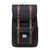The Herschel Supply Company Little America Backpack in black features brown buckle straps, a front pocket, and a white rectangular label near the bottom center, shown against a plain white background.