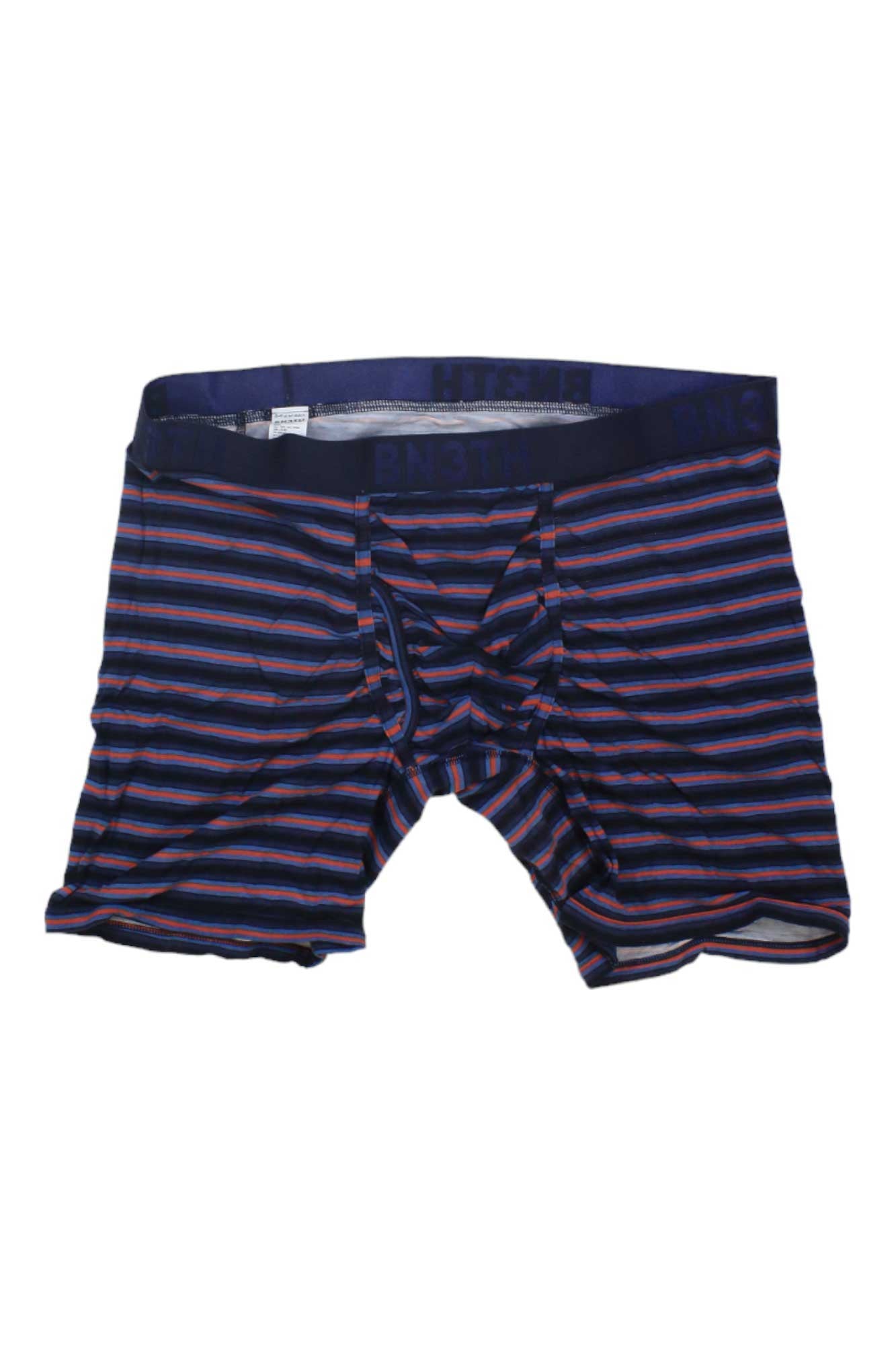 The BN3TH Men's Print Classic Boxer Brief With Fly features horizontal navy, light blue, and pink stripes. Made from sustainable modal for breathable comfort, it has a navy waistband and a front fly.