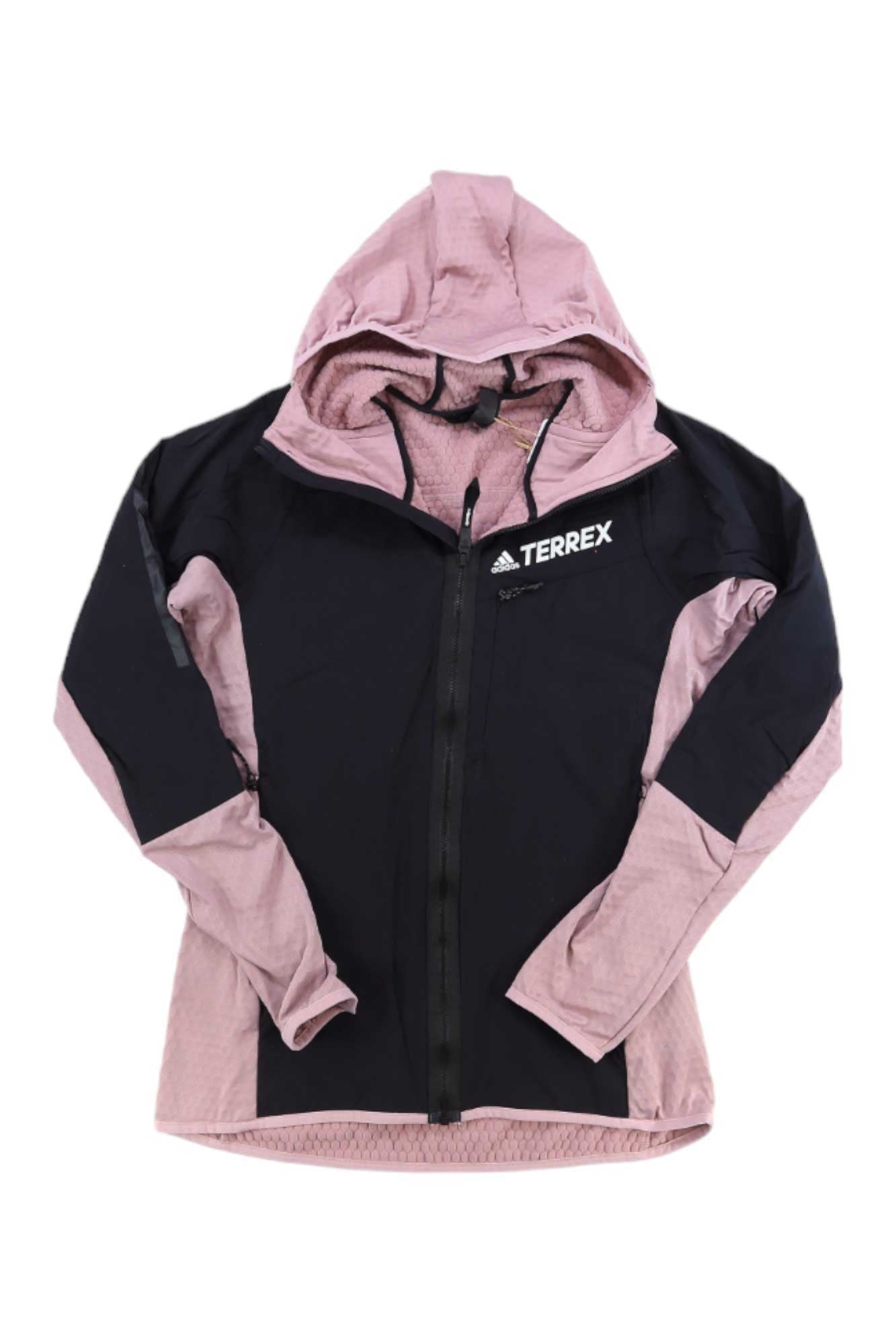 The Adidas Womens Terrex Techrock Flooce Hooded Jacket is a women’s hiking jacket in black and light pink, featuring a fleece hood, front zipper, and TERREX branding with the Adidas logo on the left chest.