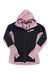 The Adidas Womens Terrex Techrock Flooce Hooded Jacket is a women’s hiking jacket in black and light pink, featuring a fleece hood, front zipper, and TERREX branding with the Adidas logo on the left chest.