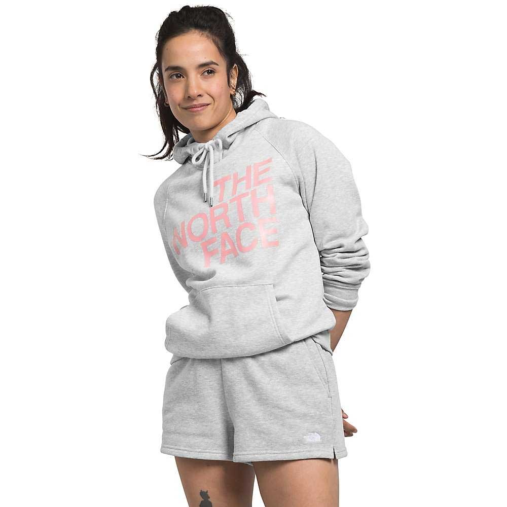 Women’s light gray heather hoodie with The North Face logo and drawstring hood