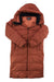 Womens hooded down parka, rust orange with front zipper and quilted insulation