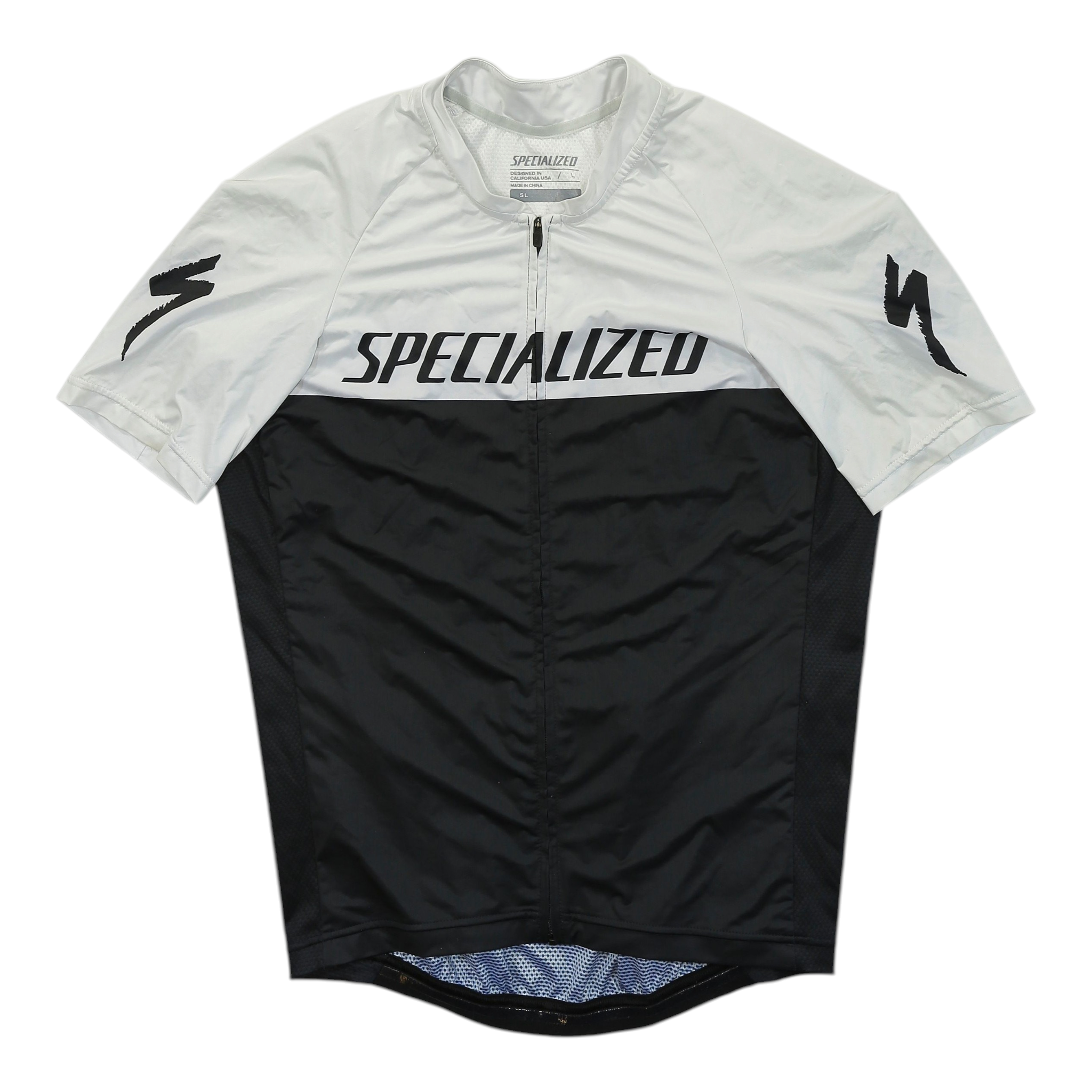 Men's white and black short sleeve cycling jersey, full zip with Specialized logo