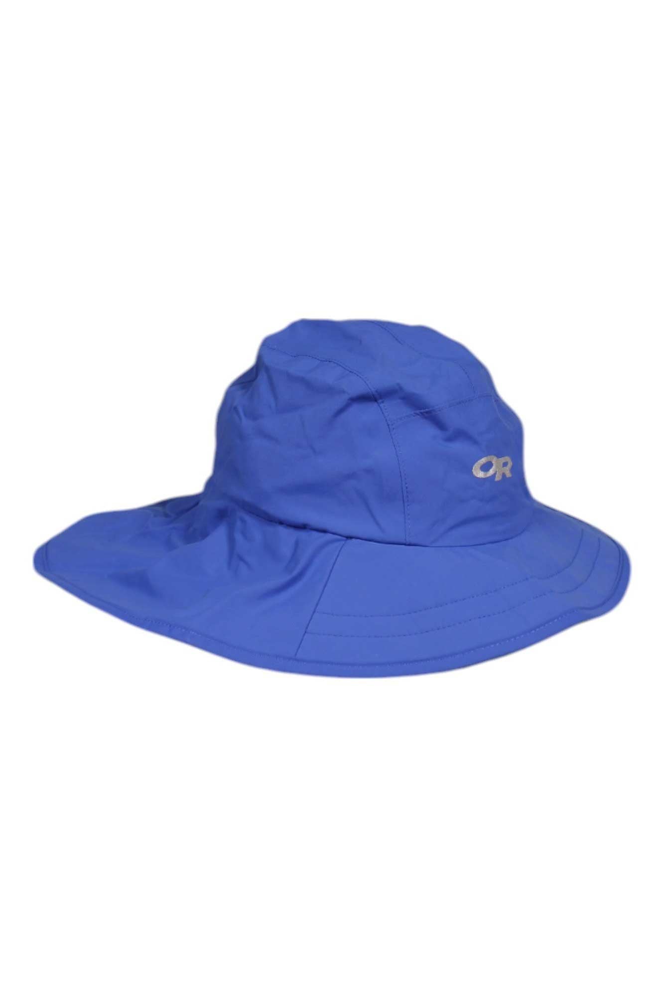 The Outdoor Research Kids Rain Rain Go Away Hat is a blue, wide-brimmed waterproof sun hat with "OR" embroidered on the side, designed to provide optimal sun protection.