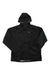 A black Outdoor Research Men's Apollo Jacket with a hood, long sleeves, front zipper, and OR logo on the left chest is shown laid flat on a white background.