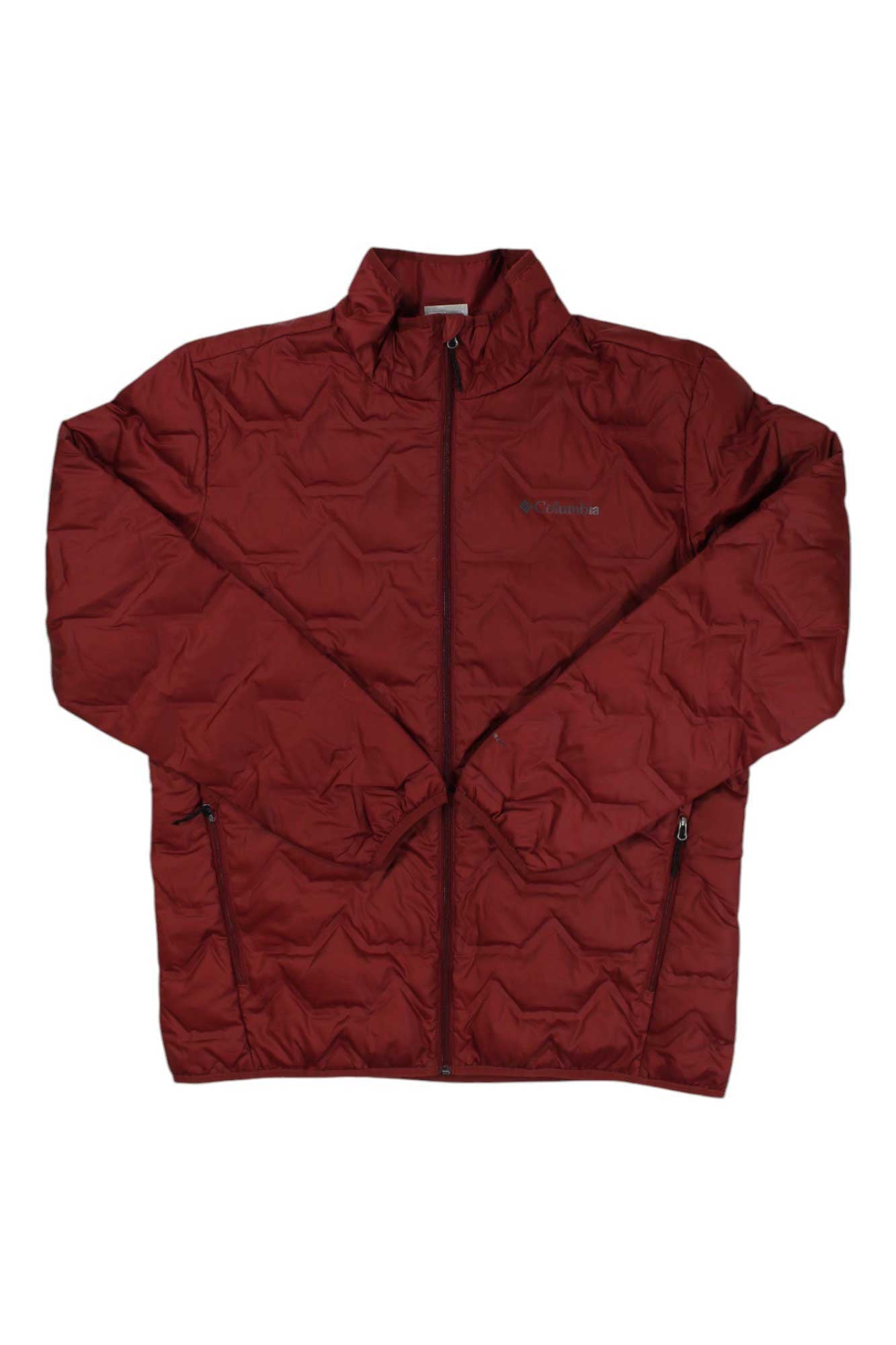 Men's red quilted down jacket with full zip and stand collar