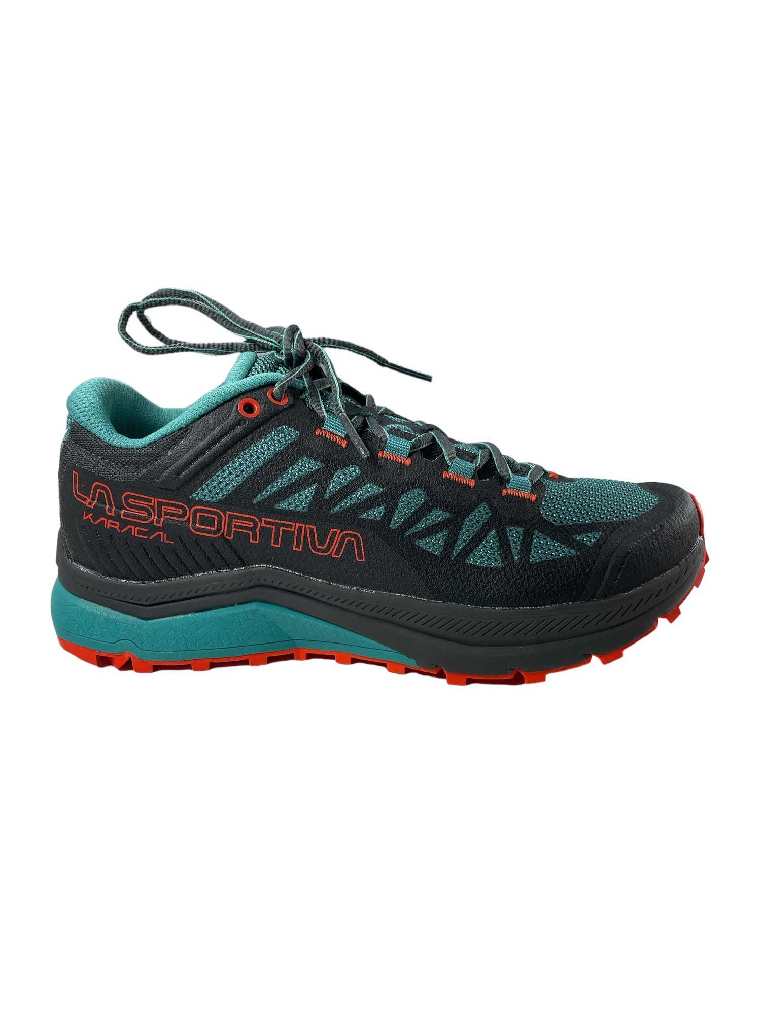 Trail-running shoe, teal and black upper with red trim and knobby tread outsole