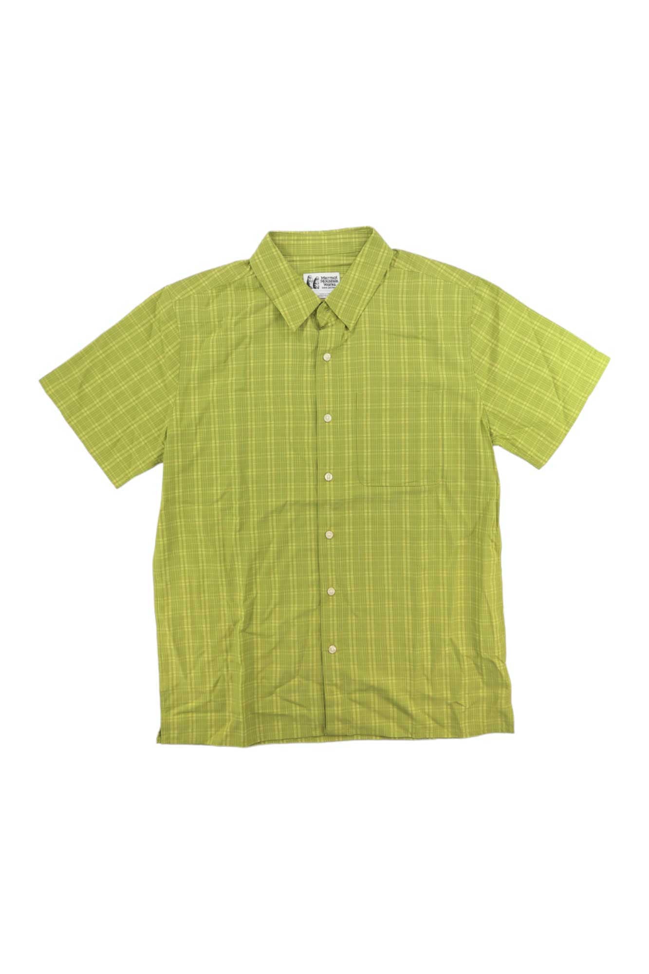 The Marmot Men's Eldridge Novelty Classic SS Shirt in light green features a subtle white plaid pattern and is shown flat on a white background.
