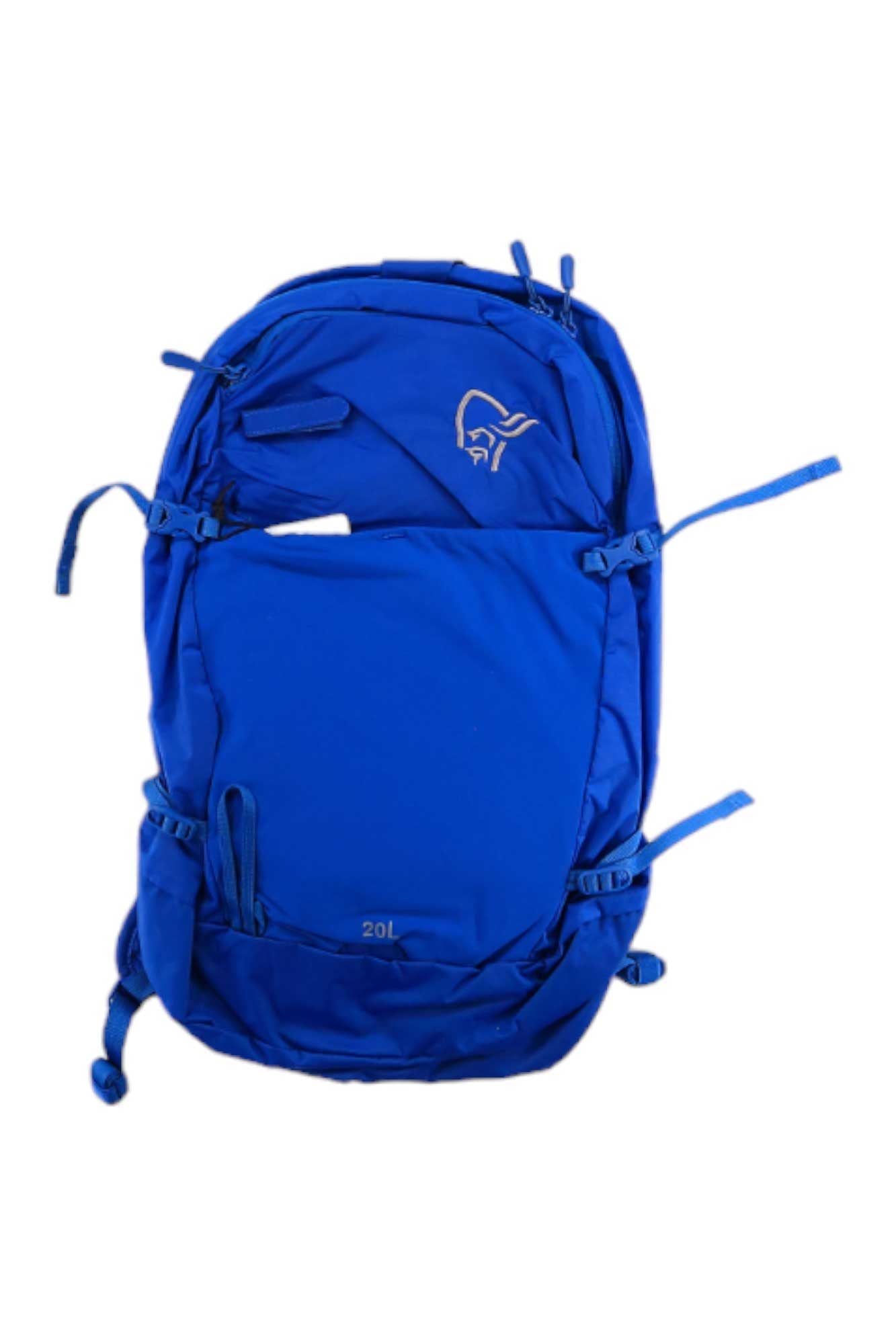 Blue 20L hiking backpack with front straps and logo