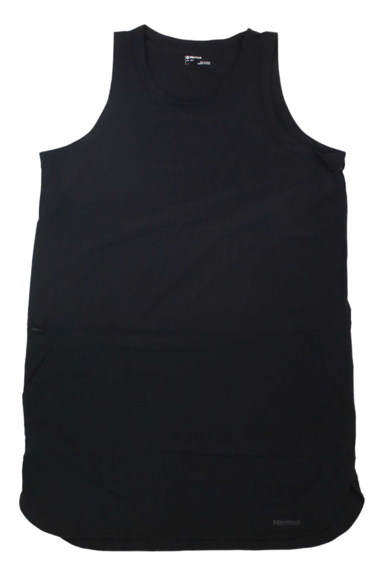 The Marmot Women's Elda Dress is a sleeveless black tank-style dress with a round neckline, made from lightweight fabric. Displayed flat on a white background, it highlights its simple and minimalistic design—ideal for travel.