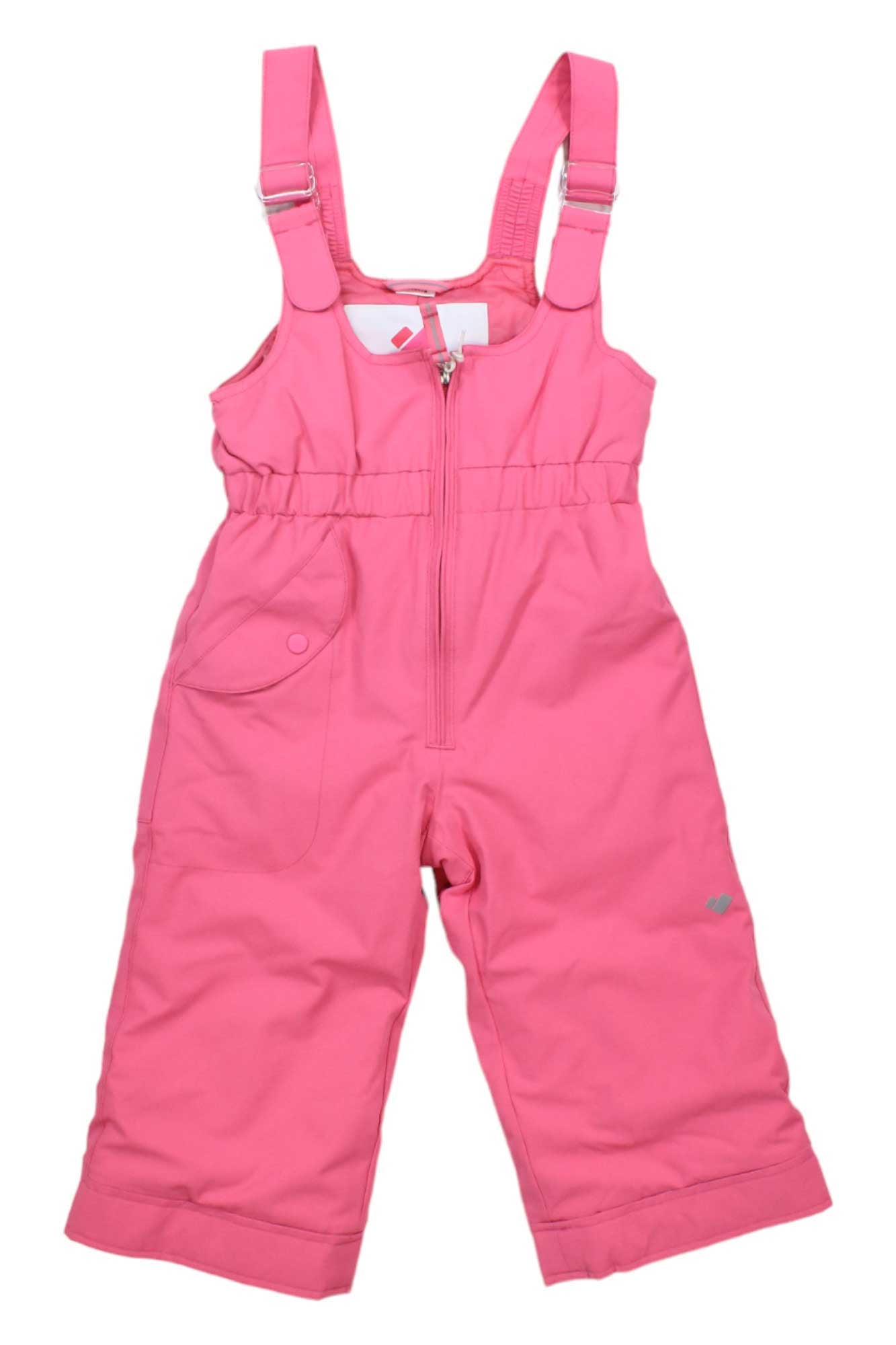 The Obermeyer Girls Snoverall Pant features bright pink overalls with adjustable straps, front zipper, left-side snap pocket, wide legs, and insulation—ideal ski pants to keep kids warm in cold weather.