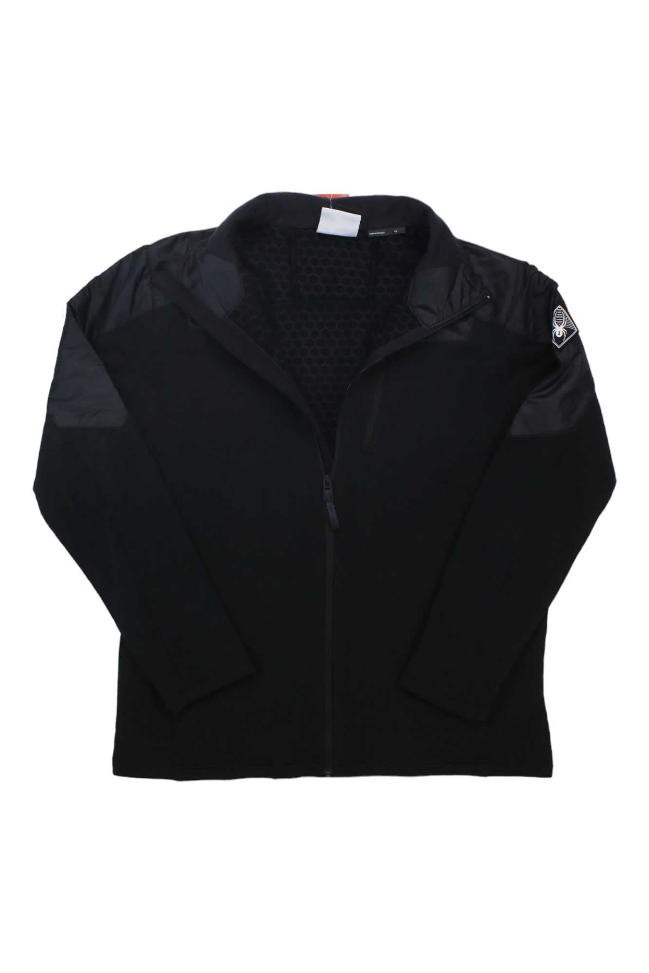 The Spyder Men’s Leader Graphene Jacket is a black, long-sleeve zip-up with a stand collar and an upper left sleeve patch. Shiny, textured shoulders feature graphene heat conduction technology. The jacket is laid flat on a white background.