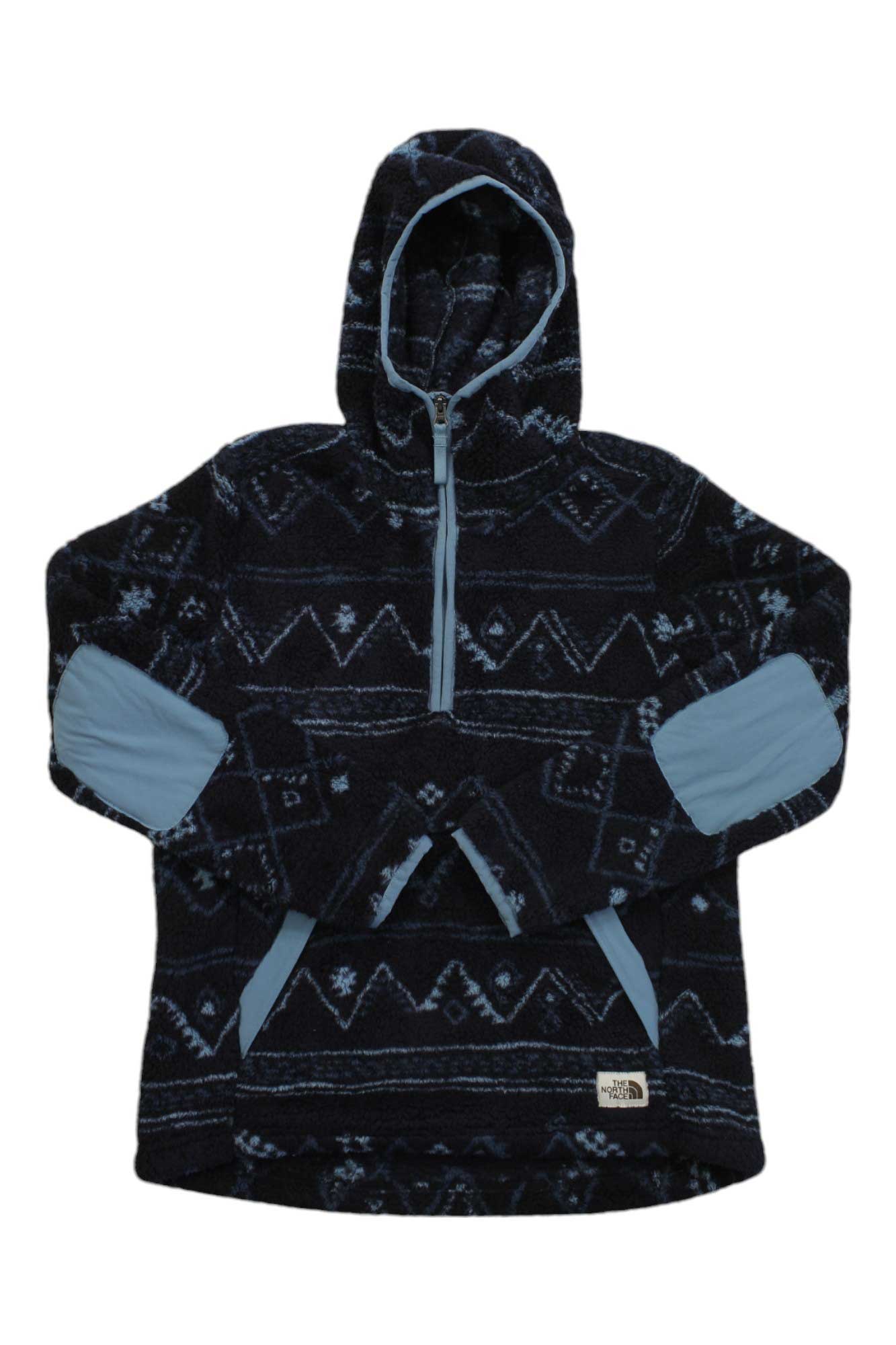 The North Face Womens Printed Campshire 2.0 Pullover Hoodie features a blue and black geometric print, light blue elbow patches, half-zip front, kangaroo pocket, and logo tag—perfect as your go-to sherpa fleece pullover.
